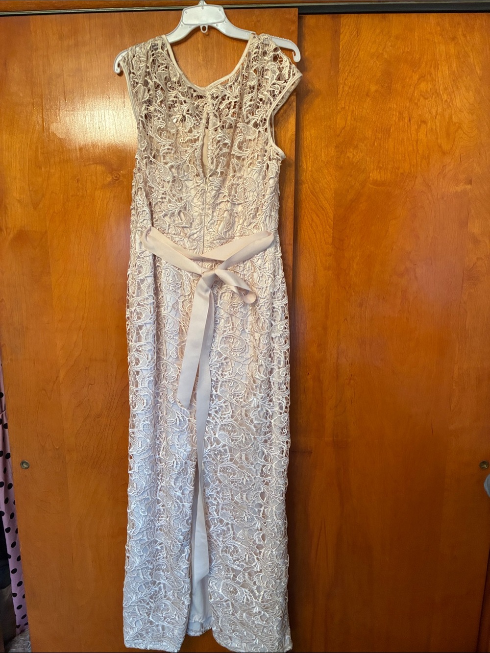 Adrianna Papell Cream Lace Cap-Sleeve Jumpsuit with Sash